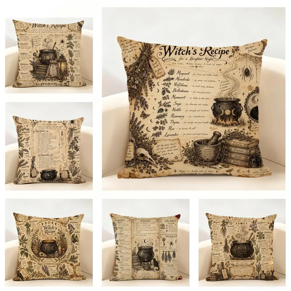 H-Halloween Witch's Recipe Cushion Cover Linen Minimalist Soft  for Sofa Bed Home Room Decor