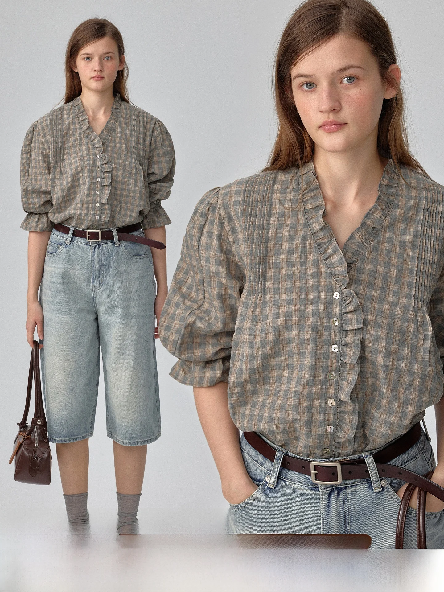 

plus Plaid Bubble Sleeve Short Shirt Women's Early Spring Wooden Flounce Shirt Artistic Style Loose Fit Polyest...