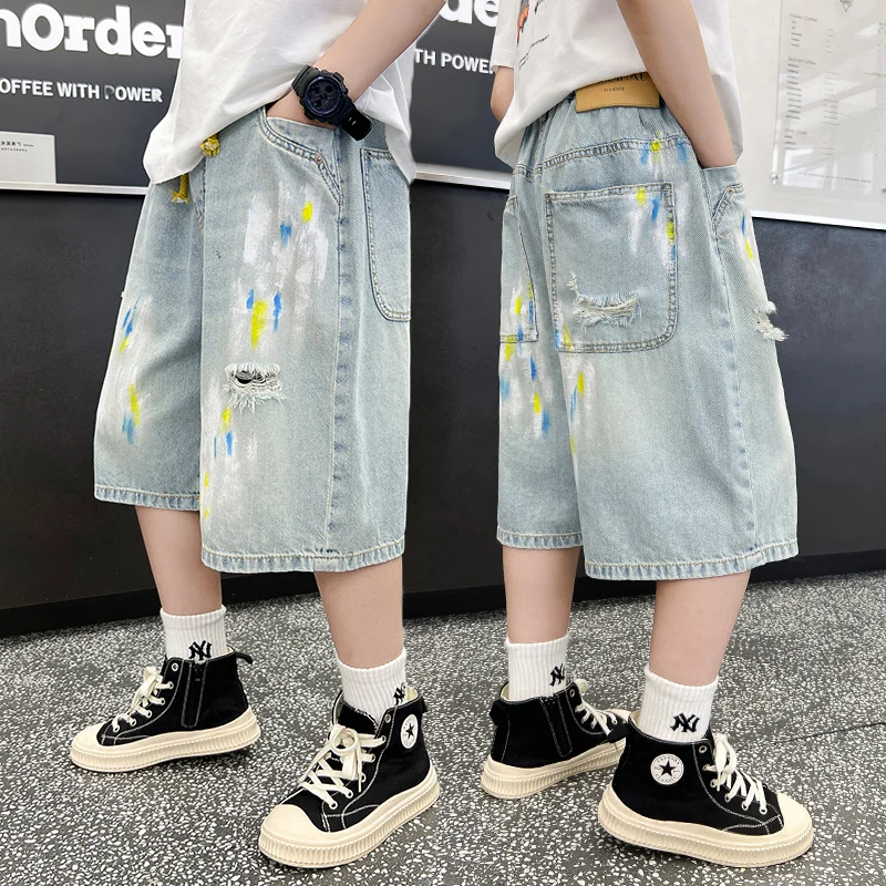 Loose Straight Children's Drawstring Denim Shorts for Boys Ripped Baggy Jeans Shorts with Drawings Kids Fashion Street Capris