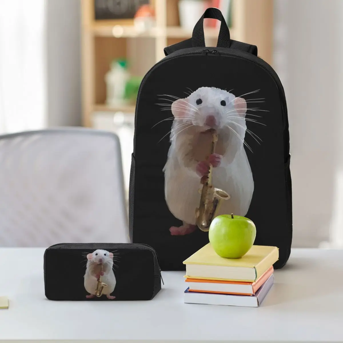 Rat Playing The Saxophone Backpack Student BookBag School Bag Shoulder Bags 3ps Insulated Lunch Bag Pencil Case
