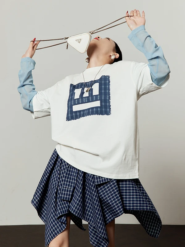 

Blue White Printed Long Sleeve T-Shirt Versatile Trendy Design Casual Loose Fit Cotton Comfortable Soft Style for Ladies
