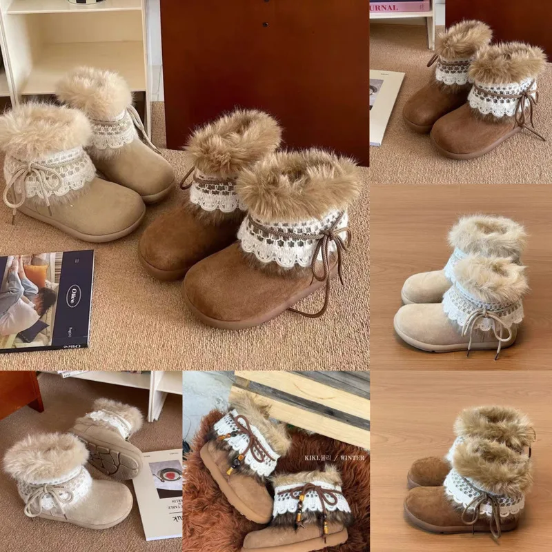 Vintage Bow Lace Fleece Snow Boots Women Winter Fashion Cozy Warm Flat Heel Round Toe Design Stylish Fall Winter Footwear New