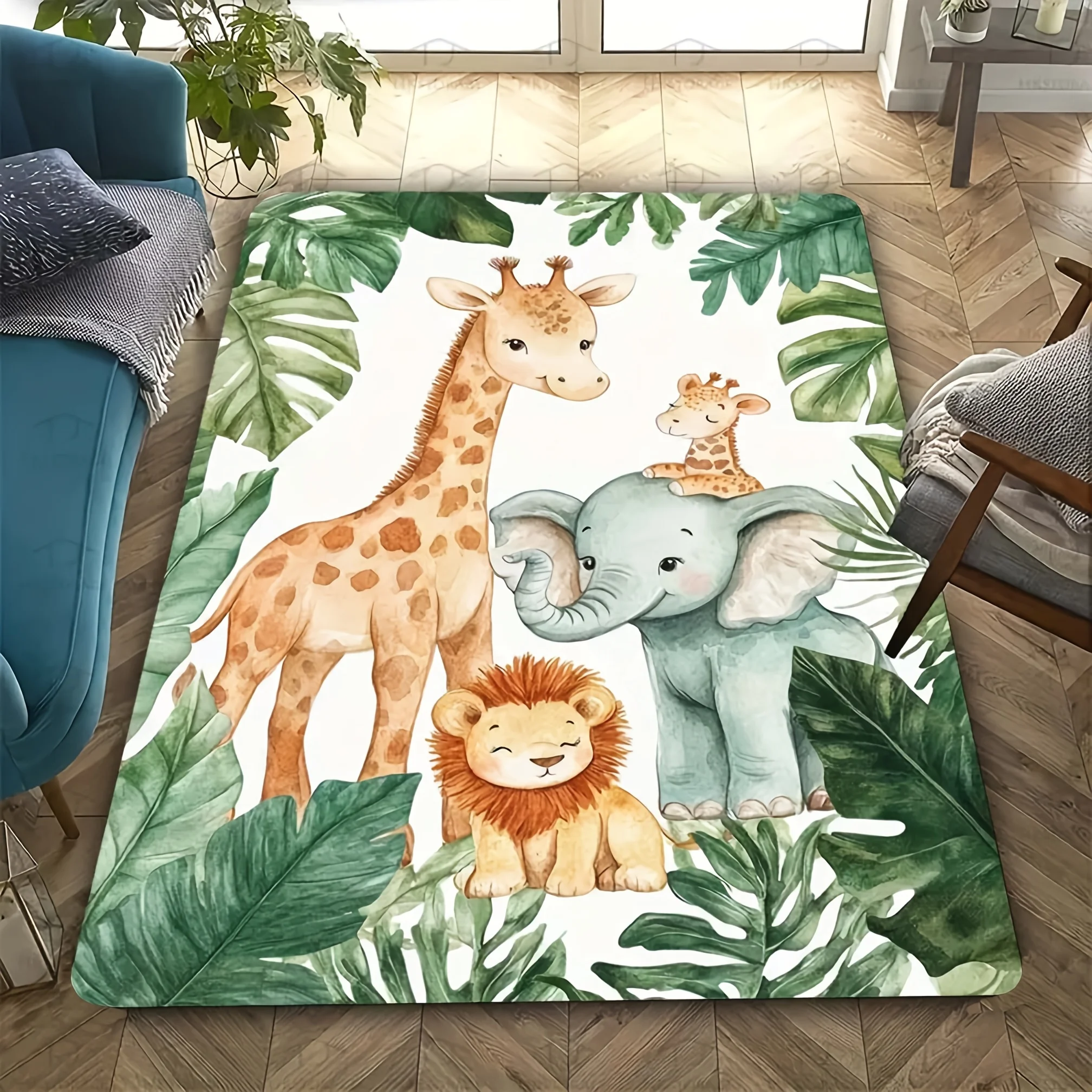 1pc 2D Flat Watercolor Jungle Animals Giraffe Elephant Flannel Area Rug Non Slip Safari Kids Decor Carpet For Nursery LivingRoom