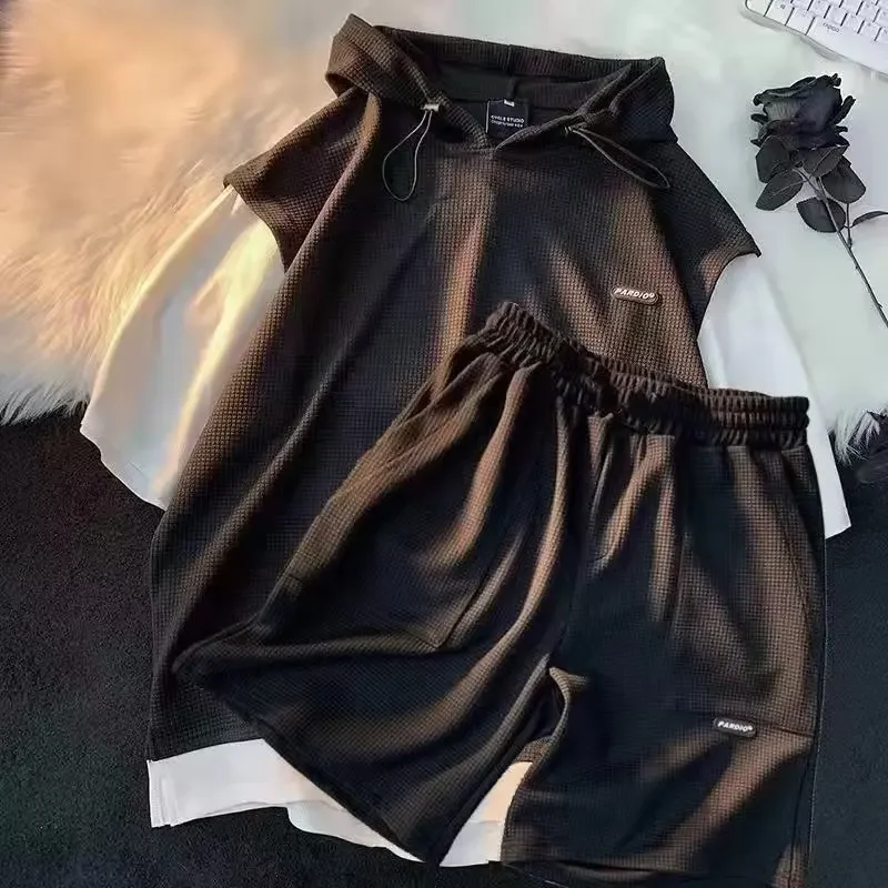 Summer Men's Large Size Sports Suit Breathable Casual Wear Wild High Street Chic Fake Two-piece Casual T-shirt + Simple Shorts