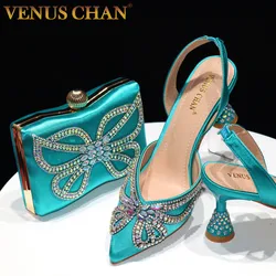 Venus Chan-zapatos de tacón elegantes para mujer, calzado de punta estrecha con lazo ostentoso verde, con diamantes de imitación italianos, para fiesta y bolsos, 2024