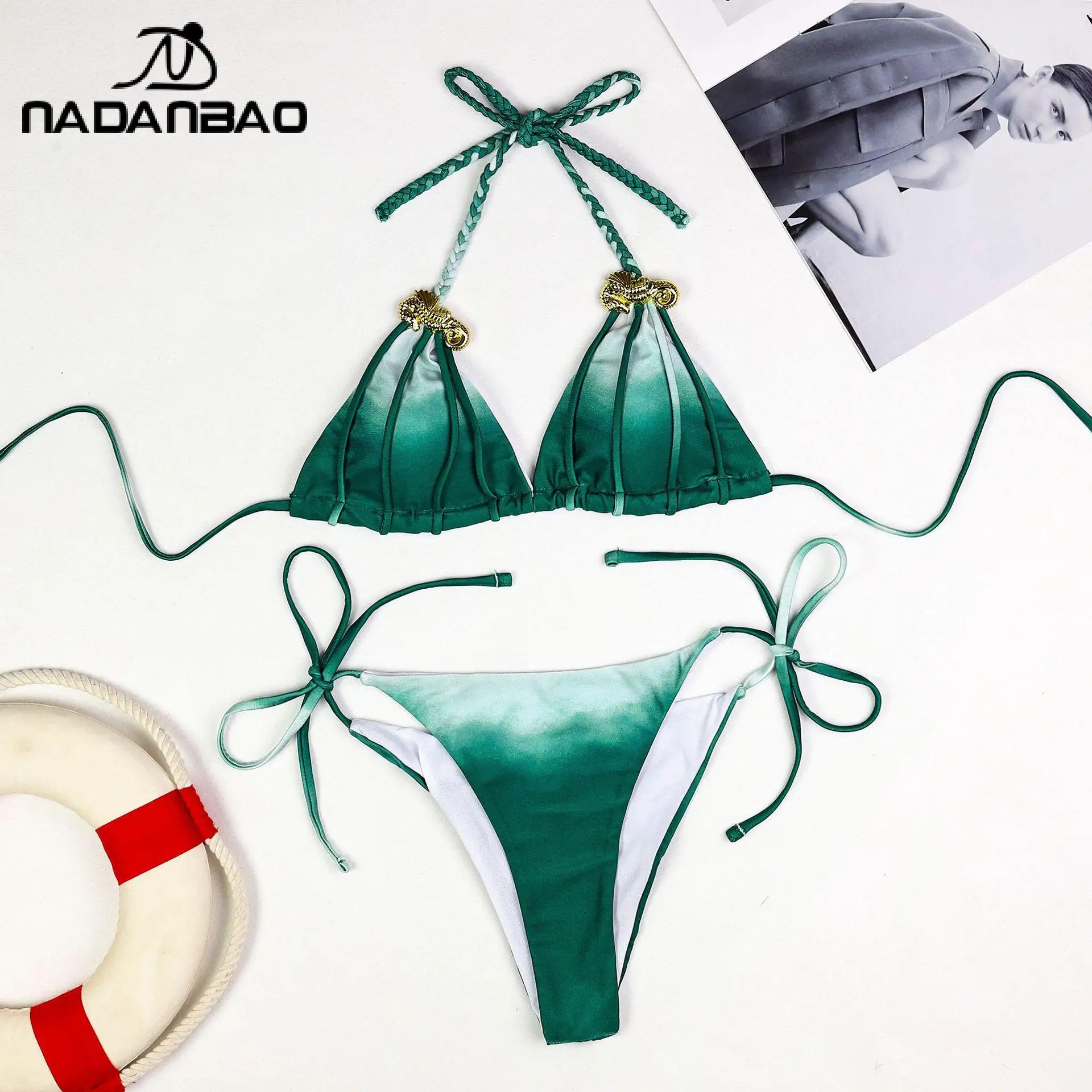 

Nadanbao Women Green Purple Tie Dye Bikini Sexy Triangle Cup Split Swimsuit Drawstring Strap Swimwear Seaside Vacation Beachwear