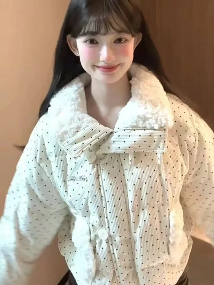 

Sweet Polka Dot Women's Winter Parka Loose Casual Thicken Button Patchwork Puffy Coat Korean Fashion Fur Collar Female Outerwear