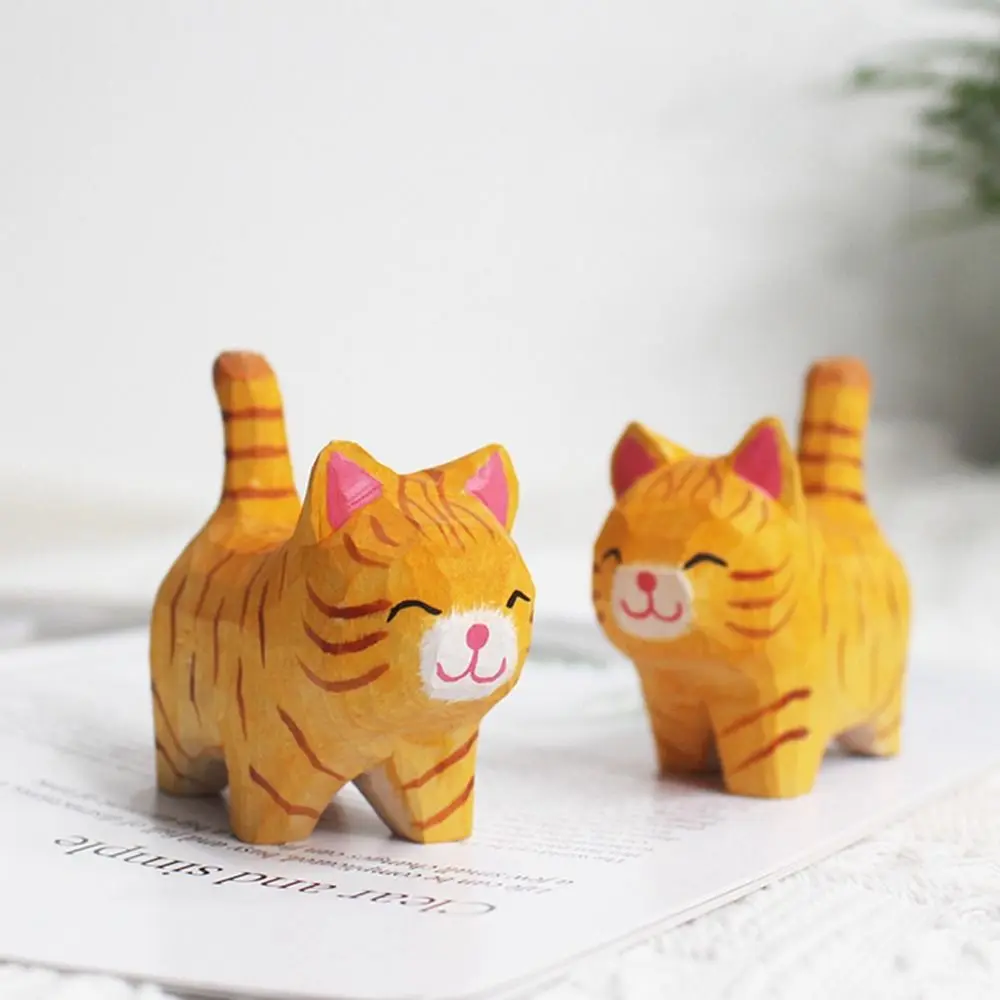 Handmade Wood Carving Kitten Cartoon Animal Orange Cat Cat Figurines Figurines Gray Cat Garden