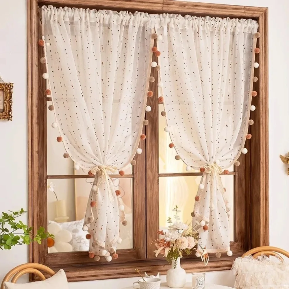 Colorful Sugar Bean Cotton Linen Curtains for Childrens Room Princess Style Bedroom Light Transparent Gauze Hair Ball Door Drape