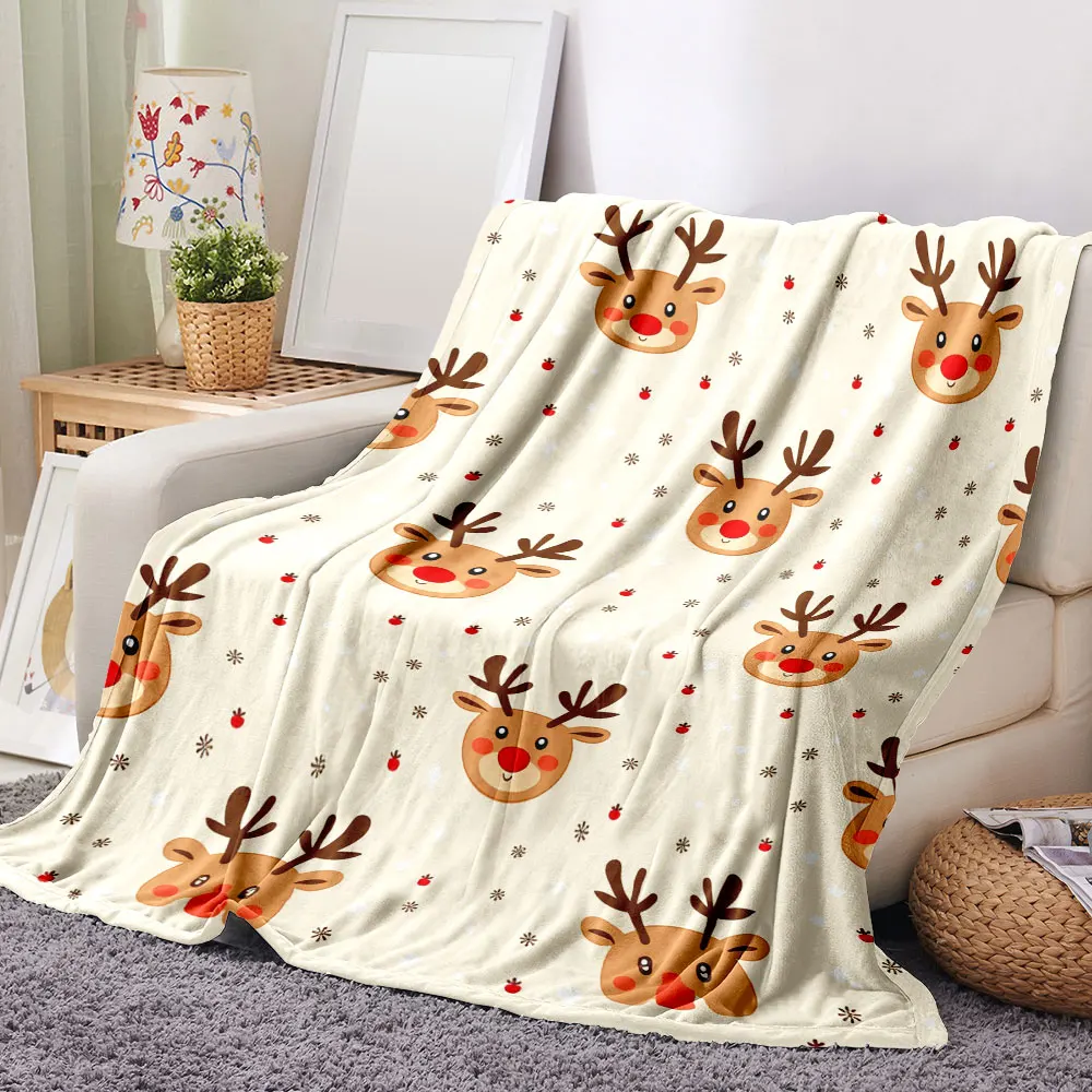 Christmas Reindeer Blanket - Light Beige Cartoon Reindeer Pattern with Red Noses, Brown Antlers, Berries & Snowflakes, Cozy Fest