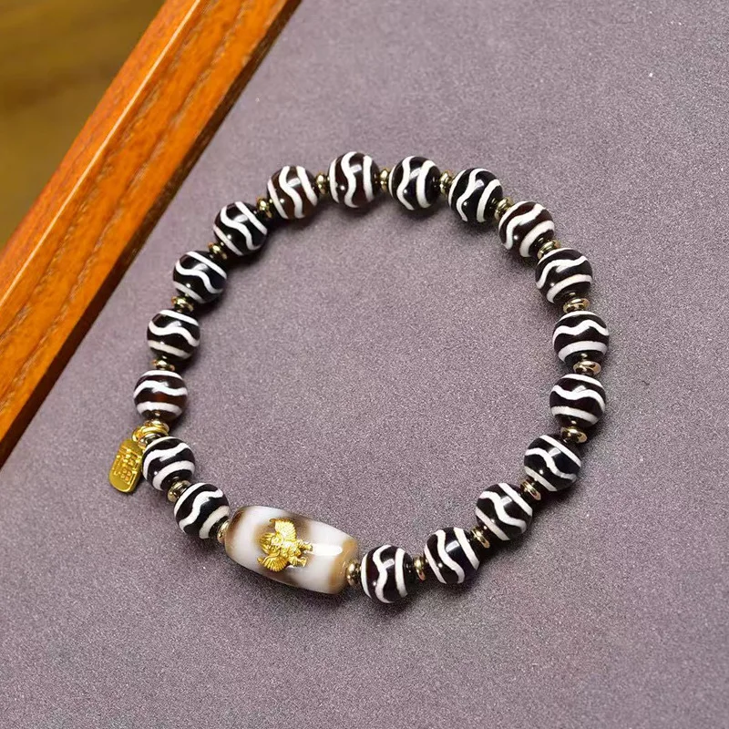 Natural Agate Water-Patterned Tianzu Bead Bracelet Single-CircleTibetan-Style Prayer BeadsThree-Eyed Inlaid Tianzu Bead Bracelet