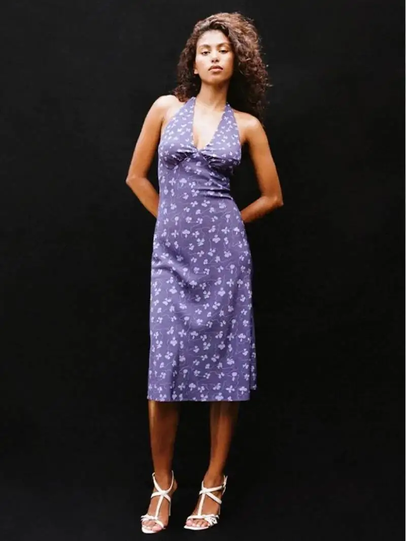 2024 Summer New Women's French European And American Wave Point Sleeveless Hanging Neck Printed Temperament Strap Dress PZIW