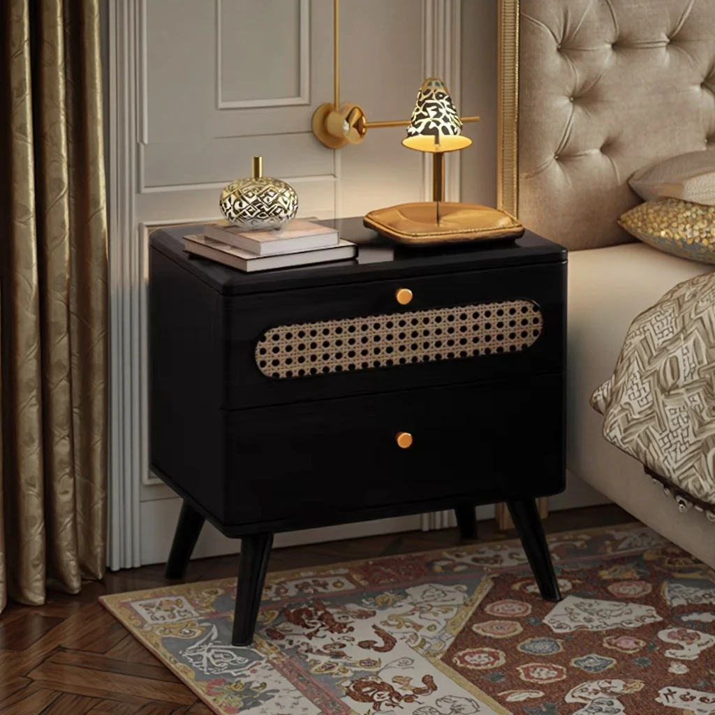 #Luxury Solid Wood Bedroom Furniture Rattan Design Night Stand Multi-Use Storage Cabinet Wooden Bedside Table for Living Room