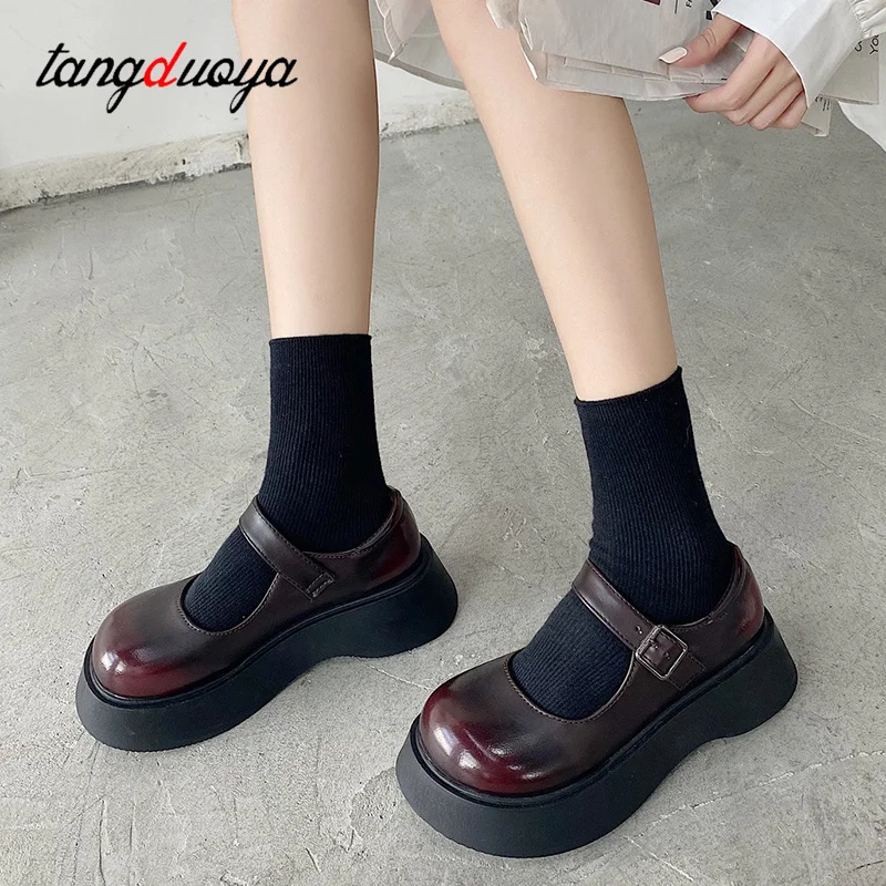 Lolita Shoes Platform college student Shoes Women Mary Janes Shoes Black Leather Shoes Buckle Low Heels Girls Shoes Autumn 2021