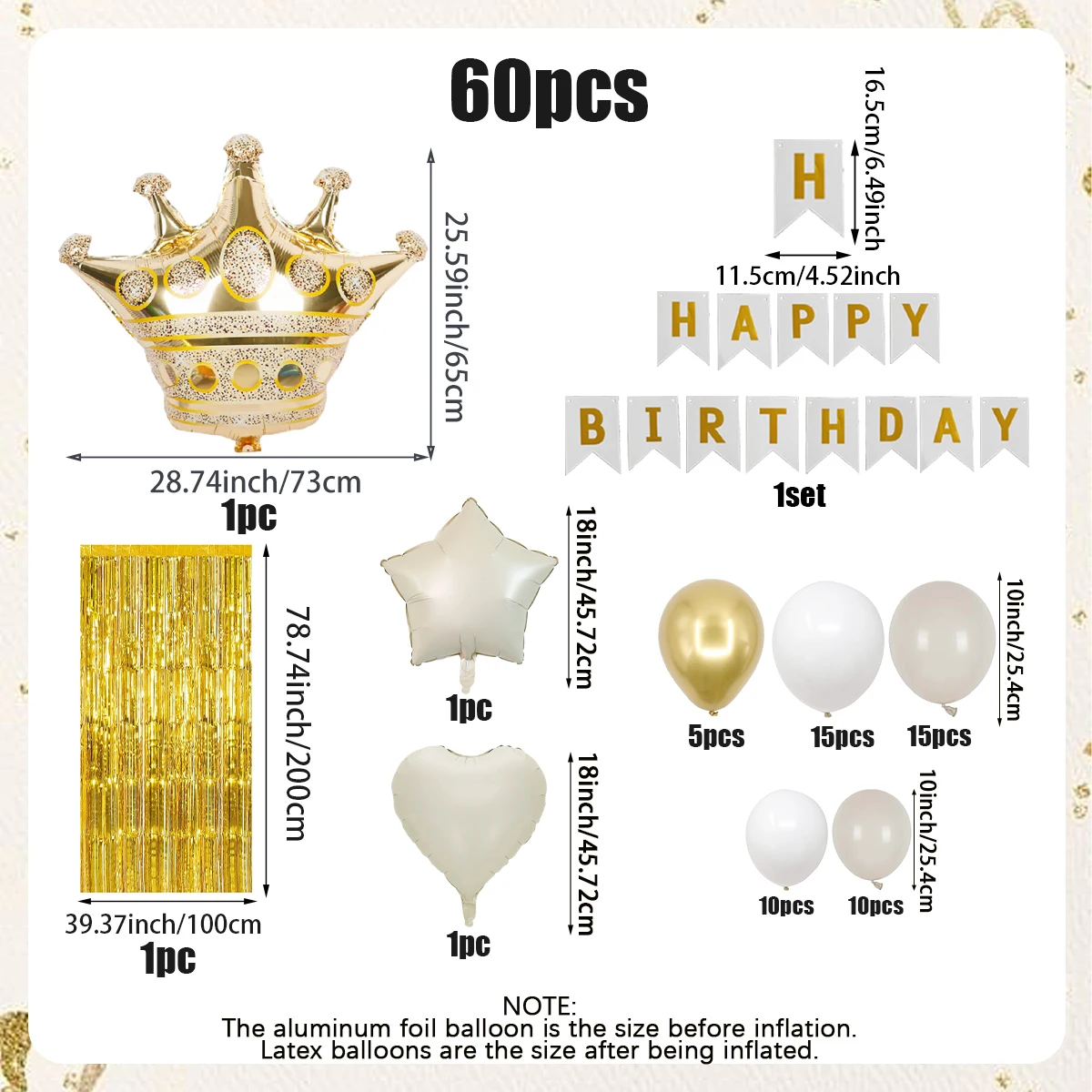 Dieses 60-teiliges Geburtstagsballon-Set in Weiß und Gold enthält ein „Happy Birthday“-Banner, Goldkronen-Folienballons, Herzen, Sterne,
