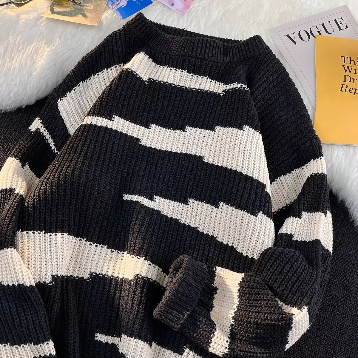 

Autumn Winter Large Size Men's Sweater Hong Kong Sle Loose Fit Stripe Trendy Knitted Outerwear for Fat Men Baseball Collar