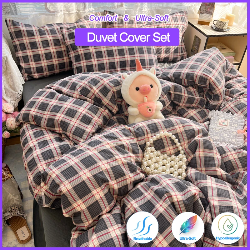 

Cute Pastel Plaid Duvet Cover Set 3-Piece, Breathable Ultra-Soft Bedding Set with 1 Duvet Cover and 2 Pillowcases, Comfort Sleep