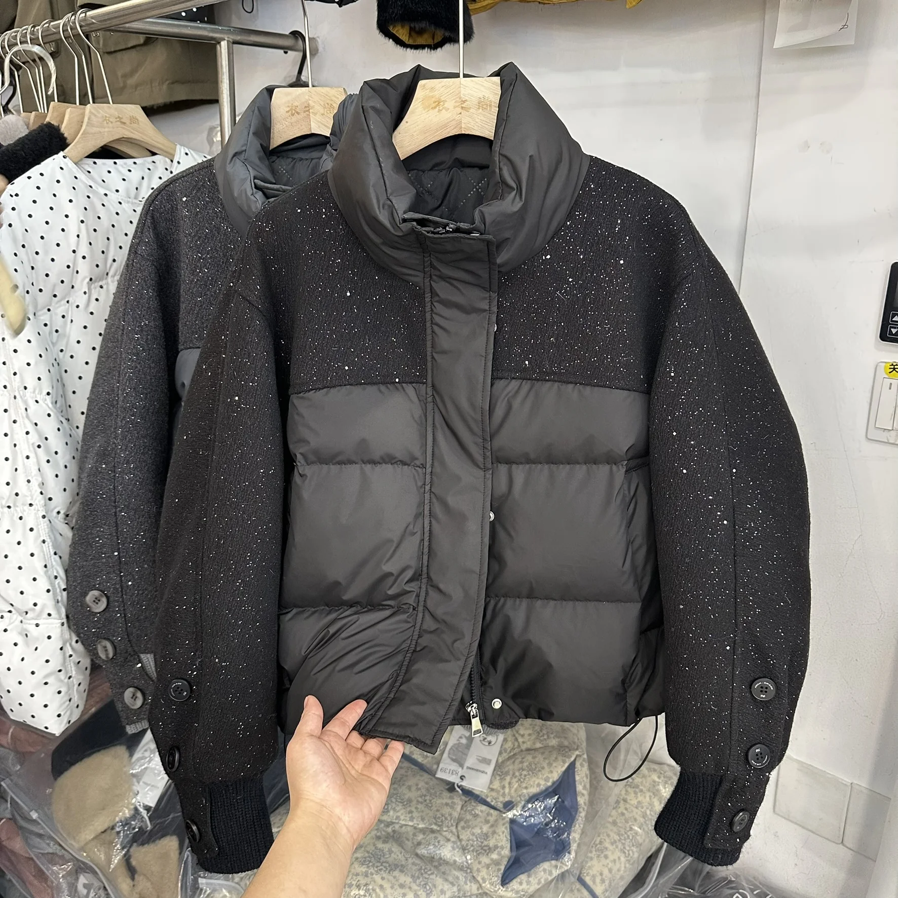 

Tianxing со стразами, шерстяной лоскутный пуховый хлопковый джет, женский зимний теплый топ нового дизайна, корейский свободный крой, длинный ...