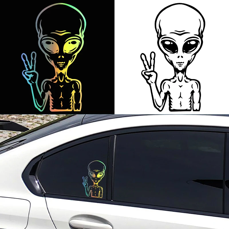 G181 Car Stickers 9.2X15.4CM Vinyl Decal UFO Cartoon Alien Peace Sign Interesting Car Decorative Black / Silver/Laser