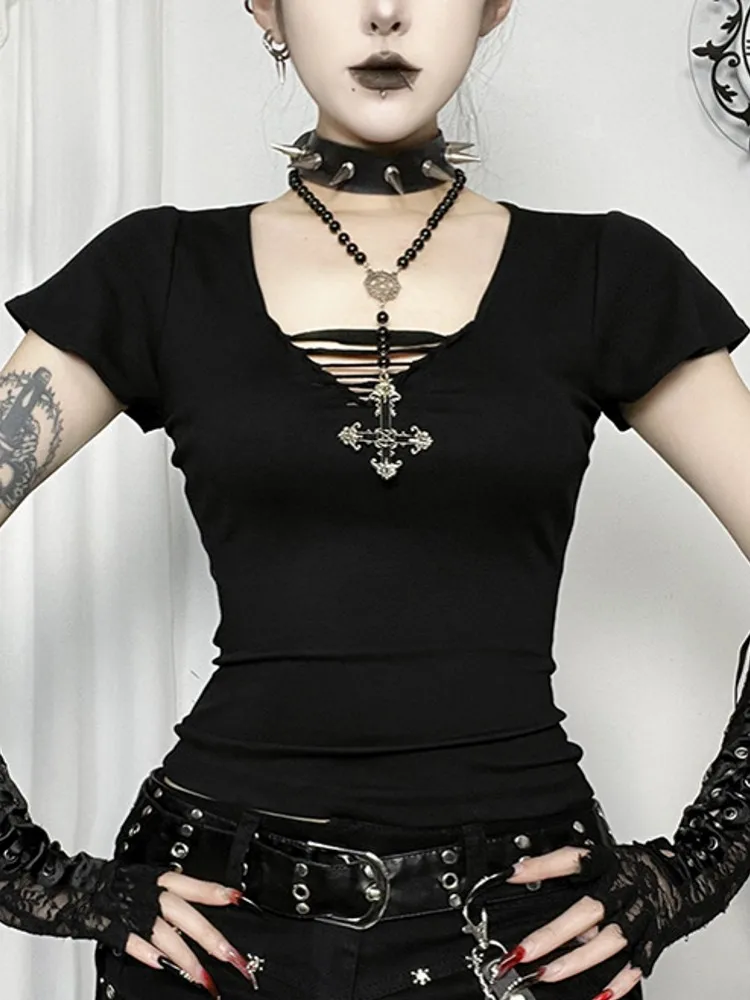 Women Black Gothic Style Summer Short Sleeve T-shirt Woman Lace Up Tops Gothic Elegant Work Shirt Top Blusas Mujer De Moda