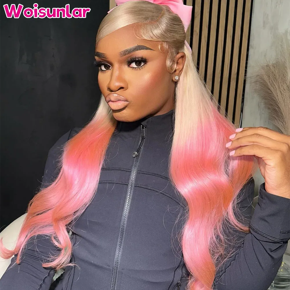 

Ombre 613 and Light Pink Lace Front Wigs Human Hair For Women 13x4 Transparent Lace Body Wave 180% Density human hair wigs 100%