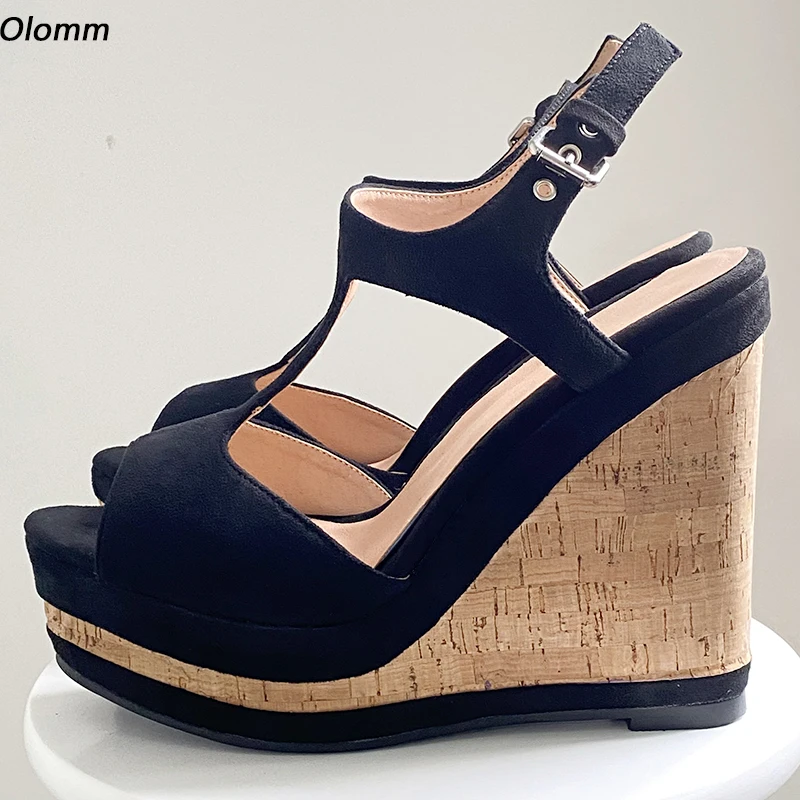 Olomm fotos reales hechas a mano sandalias con correa en T para mujer cuñas de gamuza sintética tacones Peep Toe elegante vestido de fiesta negro zapatos talla 35 47 52