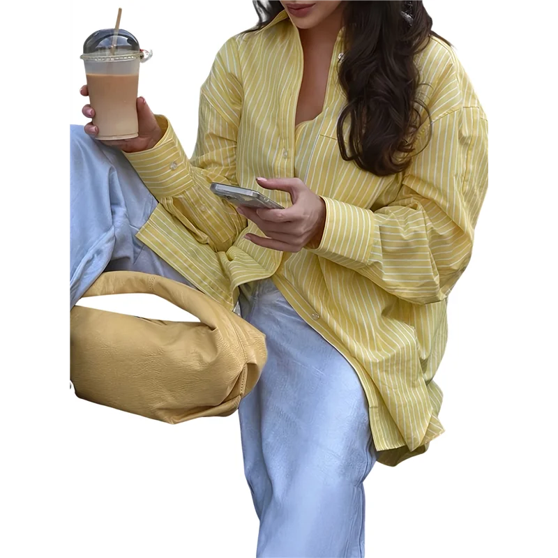 

ASDS-Women's Oversized Striped Button Down Shirt Sun Protection Yellow Tops Long Sleeve Blouse Tops S