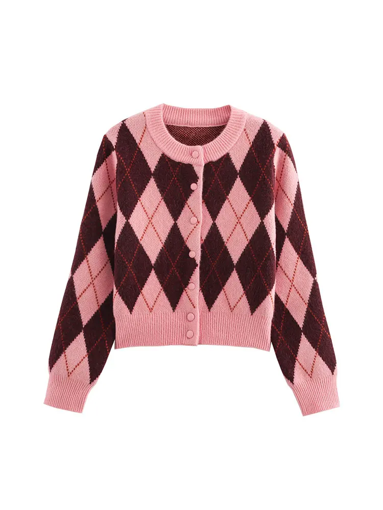 

2025 Women Argyle Jacquard Cardigan Chic Casual Knitted Cardigans For Women Elegant Sweater Long Sleeve Knitwear Coat