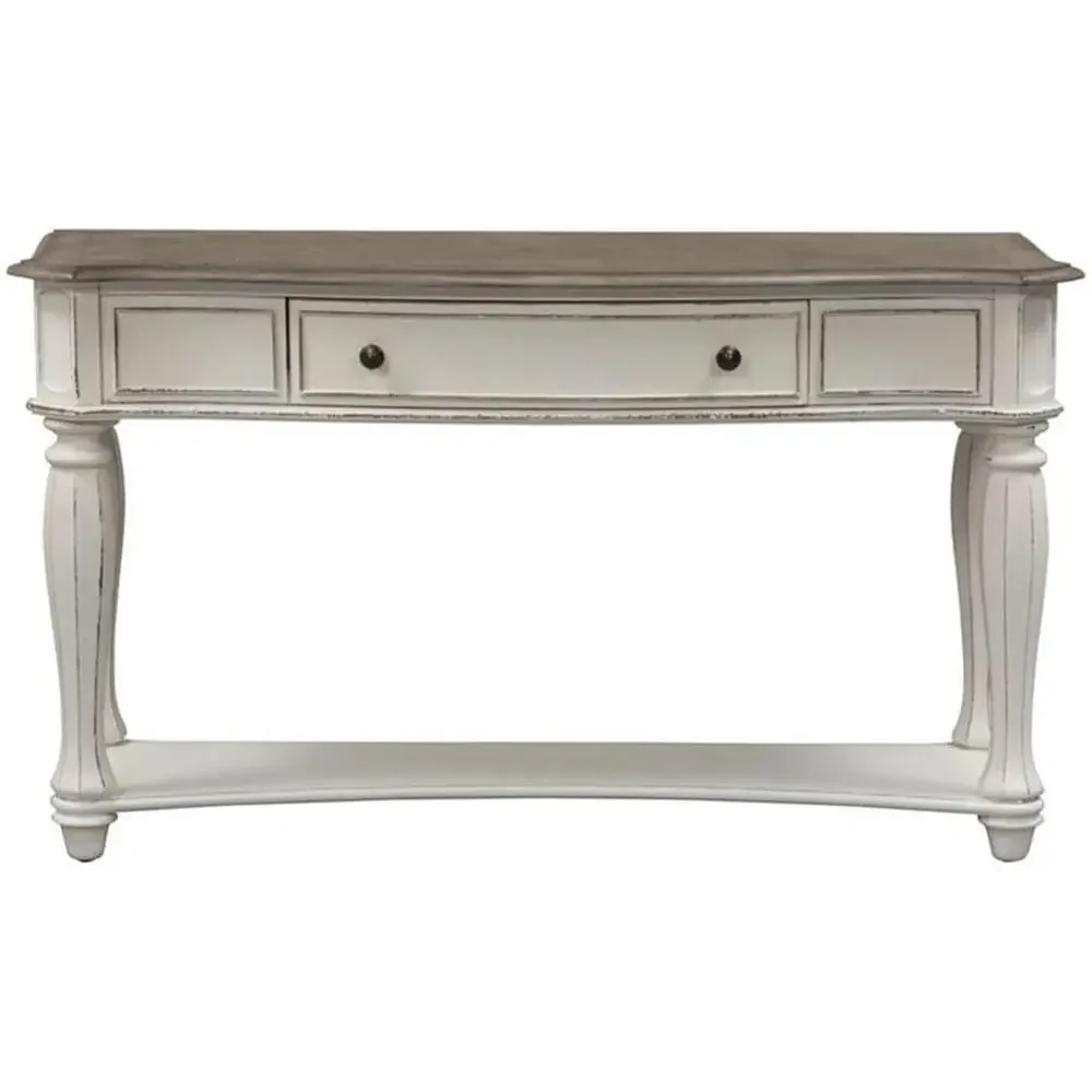 

Vintage 52 Wide Rubberwood Sofa Table with Antique White Weathered Brown Top, Drawer and Shelf, Suitable for Living Room or Entr