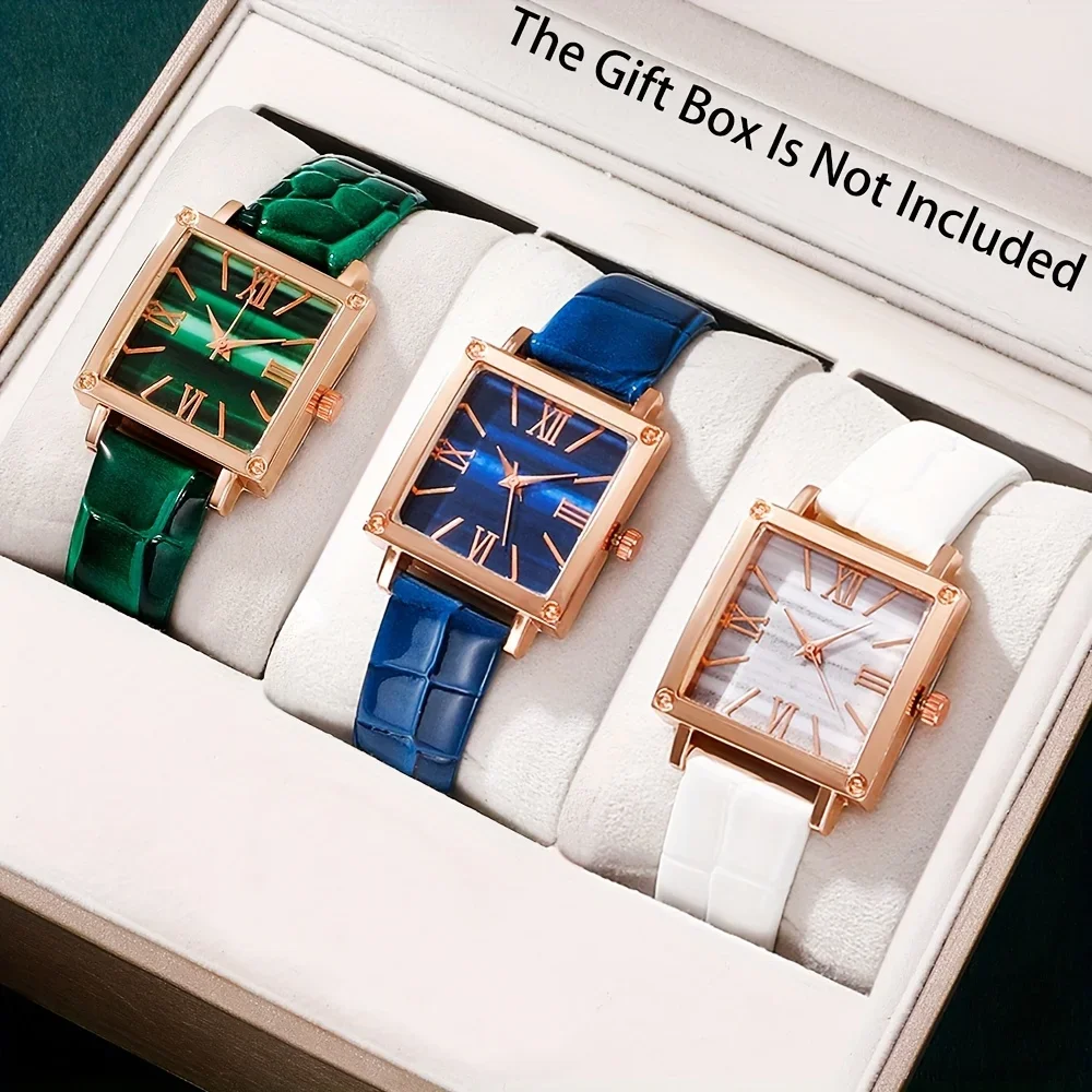 3 Pcs Square Quartz Watch PU Leather Strap Zinc Alloy Pointer Zinc Alloy Case, Ideal Gift For New Year, Christmas, Family