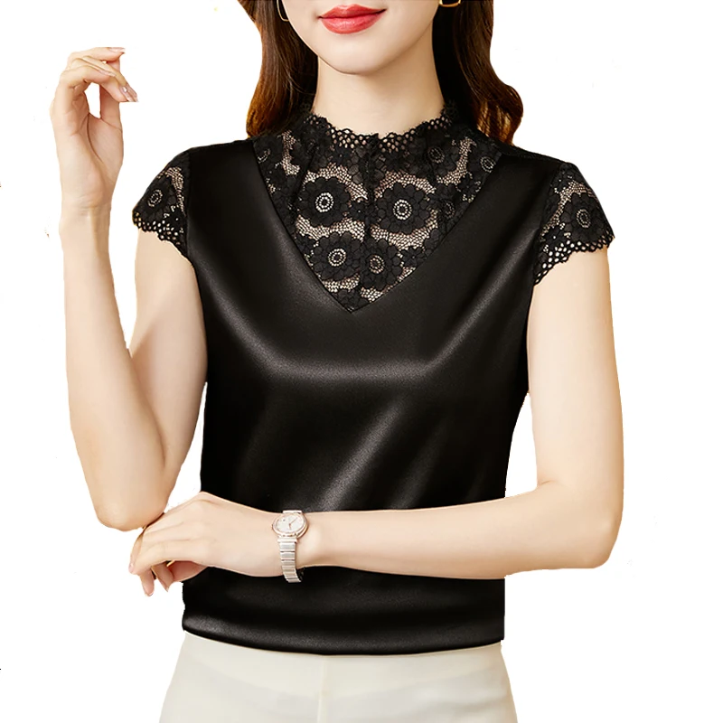 M-4XL Elegant Short sleeve Lace Shirt Fashion Patchwork Silk Satin Tank Top Summer Casual Women Blouse