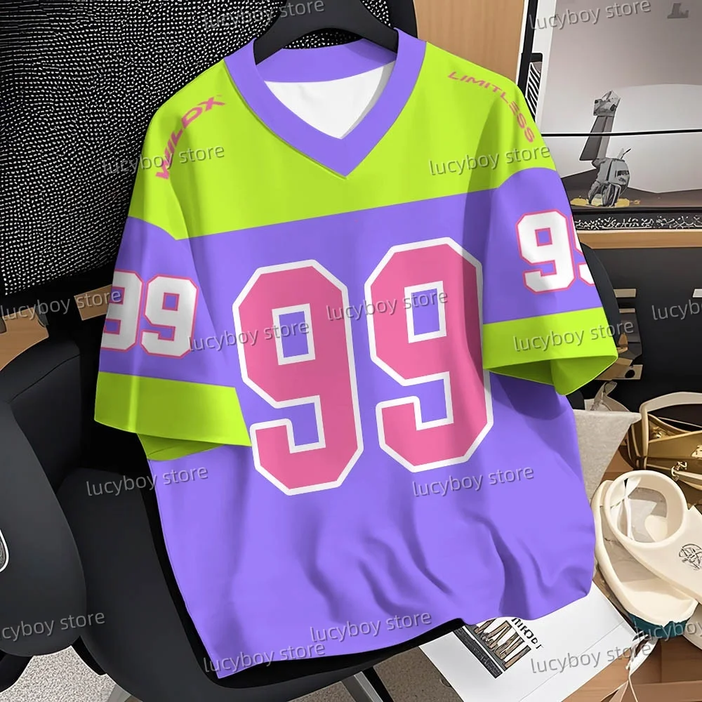 

Summer Men Number 99 Letter Print T-Shirt Man Short Sleeve V-Neck Sportwear Football T-Shirt Oversize Striped Tees Men Clothes