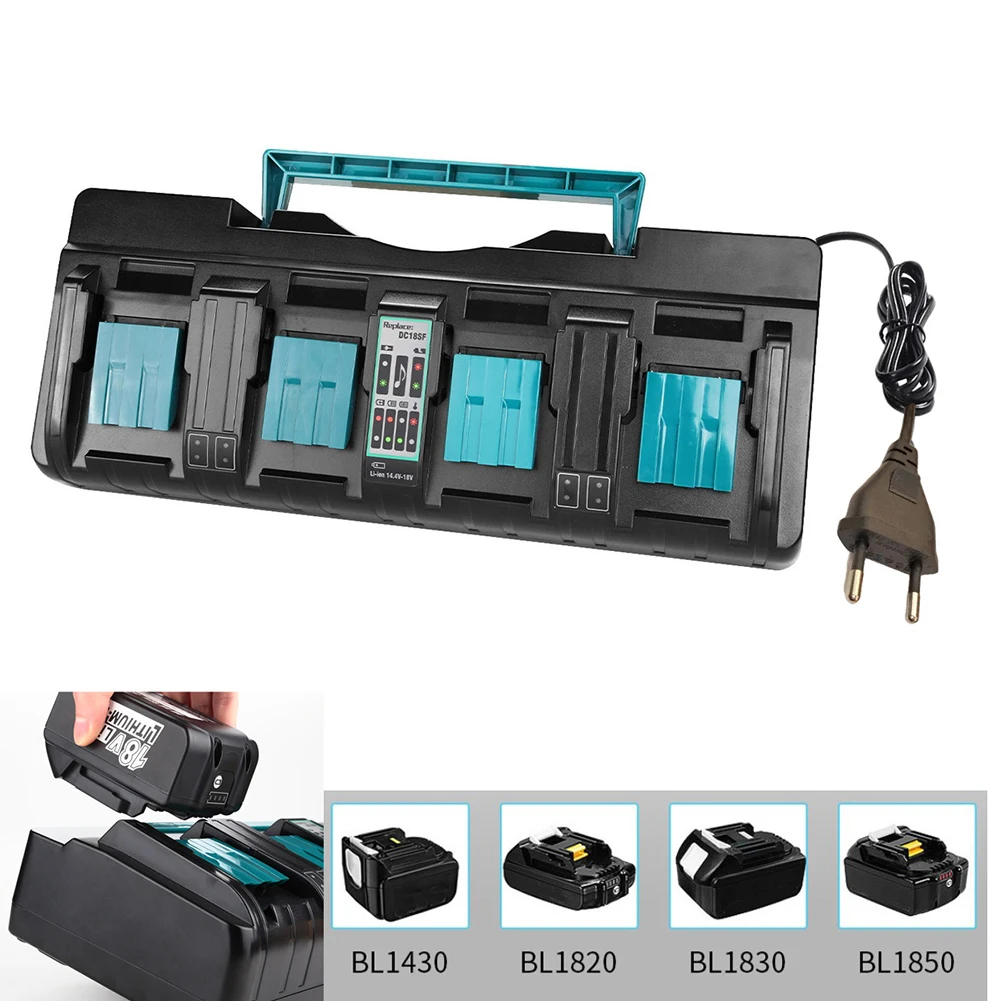 

DC18SF Four-Port Li-ion Battery Charger For The Makitas BL1830, BL1840, BL1850, And BL1860. USB Chargers: DC18RE, DC18RD DC18RF