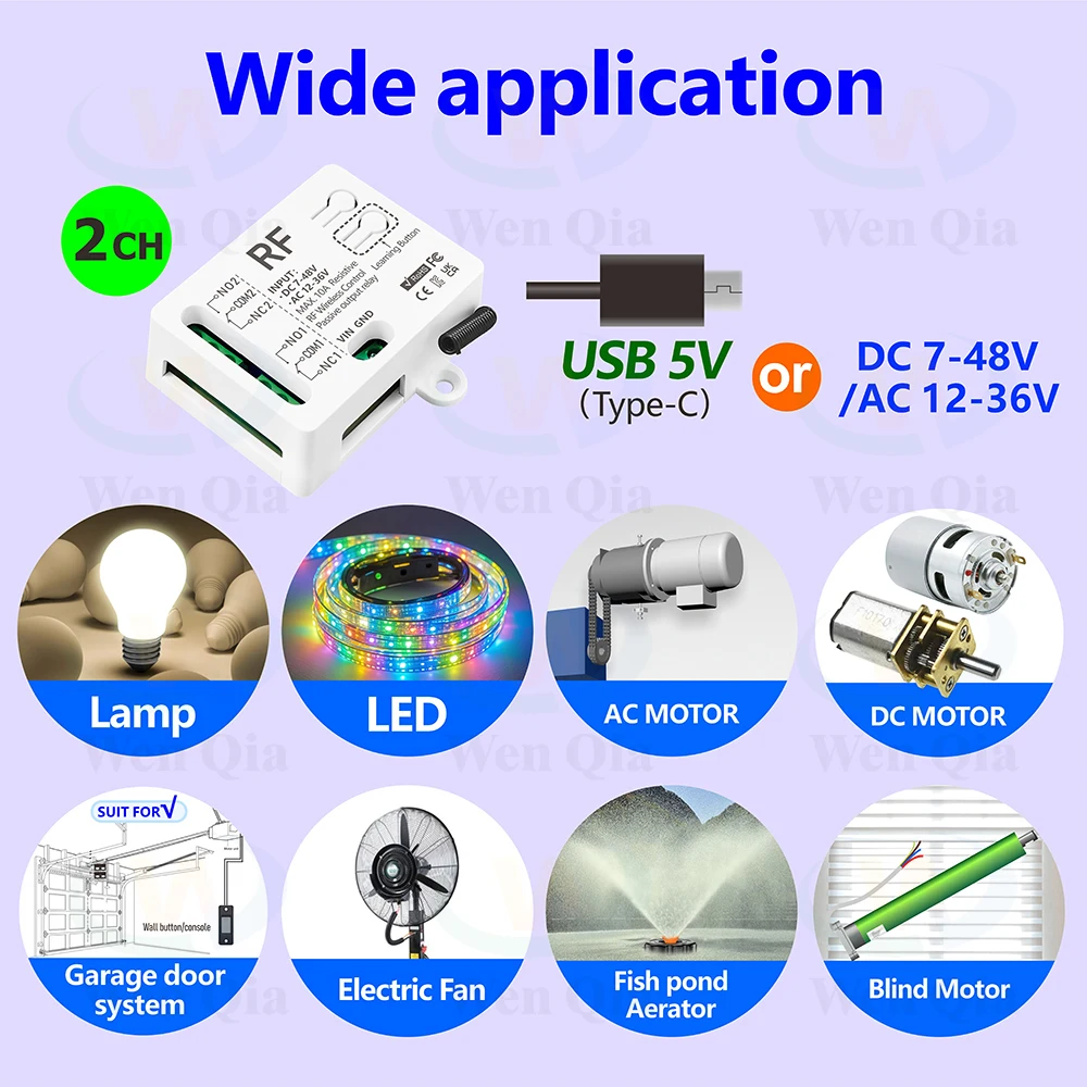 433MHz Wireless Remote Control Switch 2 CH DC 12V 24V 36V 48V Type-C 5V RF Relay Module for Light/Fan/Motor/Garage Door Opener