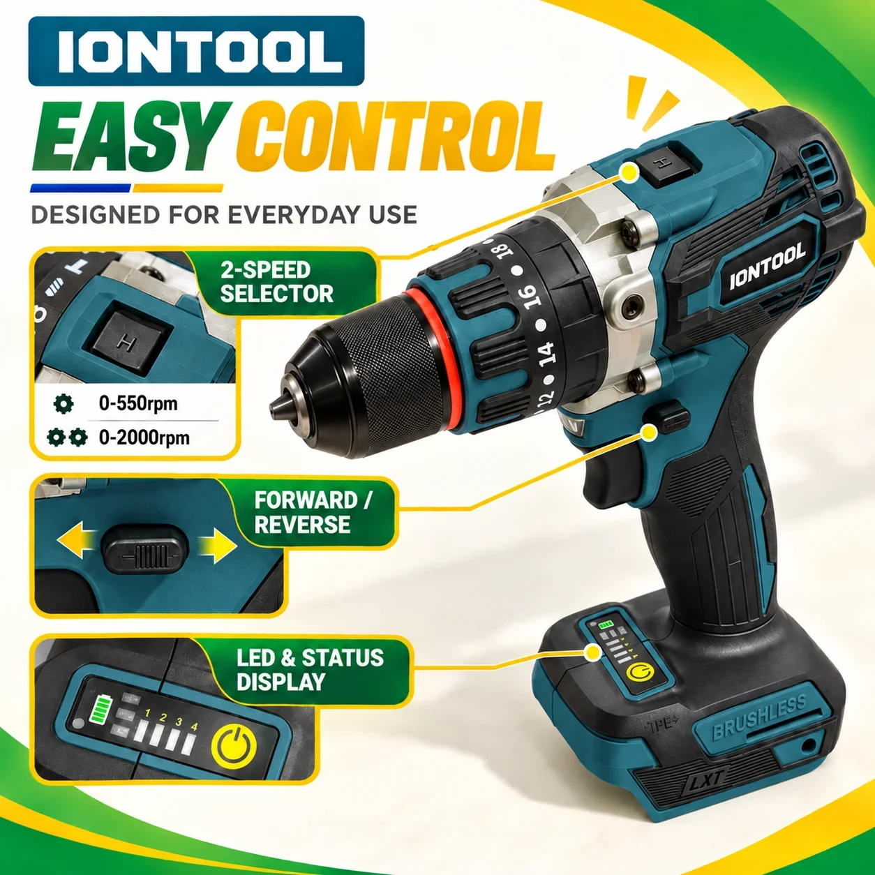 IONTOOL 18V Brushless Cordless Impact Drill 70Nm Torque 13mm Keyless Chuck 2 Speed Driver for Wood Metal Masonry DIY