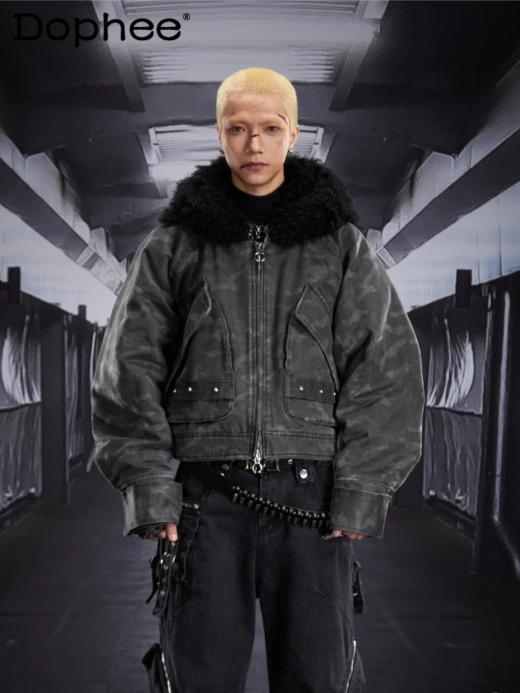 

Men's 2025 Winter New Fashion Jackets Loose Comfort Quilted Thickened Hooded Splicing Rivet Jackets Pocket Decoration Chic Coats