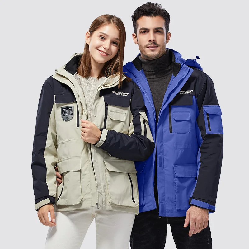 Giacca unisex casual 3 in 1 Autunno Inverno Caldo rivestimento interno Cappotto Escursionismo all'aperto Impermeabile antivento Cappello staccabile Capispalla