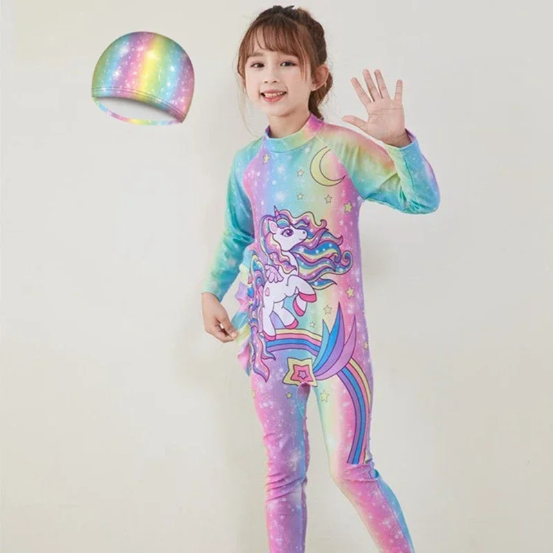 Spring Autumn Baby Boy Girl One Piece Swimsuit Hat 2 Pcs Set Children Swimwear Cartoon Dinosaur Shark Unicorn Suit Kid Beachwear