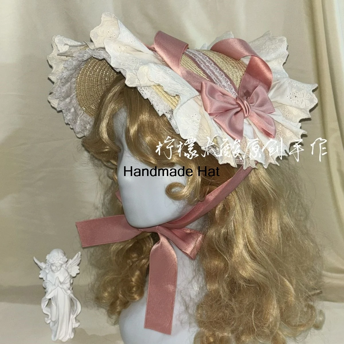 

Handmade Hat Female Lolita Flat Hat Pink Straw Hat