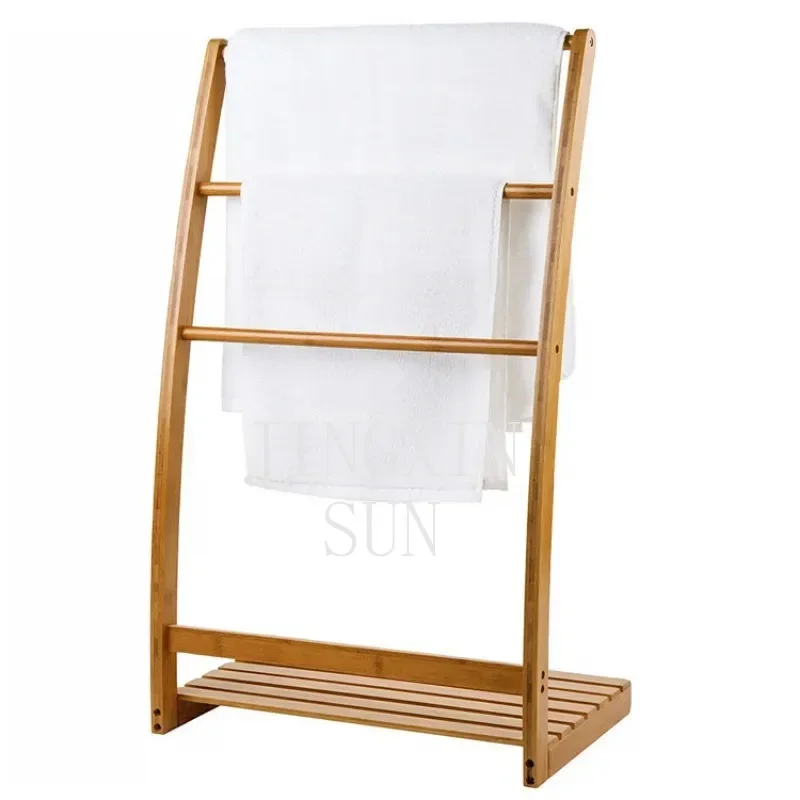 Natural Bamboo Bathroom Shelf Nordic Landing Storage Shelves Three-layer Design Towel Holder Practical Versatile Clothes Hanger