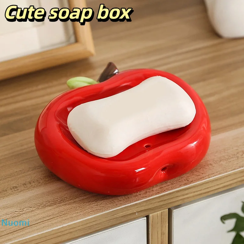 

1PCS Red Apple Shape Soap Box Ceramic Cute Soap Dish Drain Storage Plate Portable Soap Dish Holder Rack Bathroom Accessories