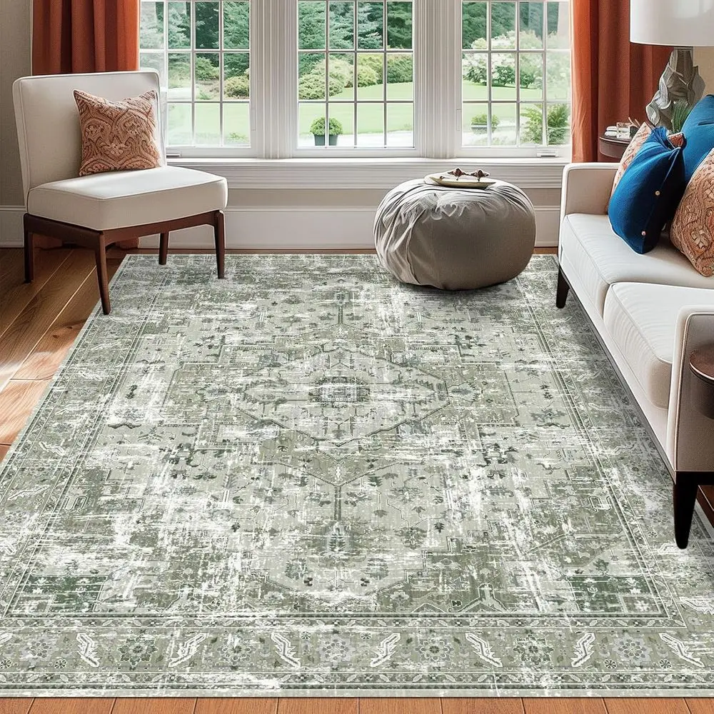 

Моющийся ковер 5x7 в стиле бохо Sage Green, нескользящий для гостиной, детской, столовой и спальни с современной нейтральной эстетикой