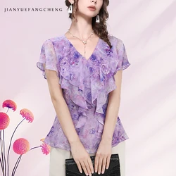 2024 Summer Purple Flowers Printed Chiffon Top Women's Ruffle V-Neck Short Sleeve Slimming Shirt Vintage Casual Tulle Blouses