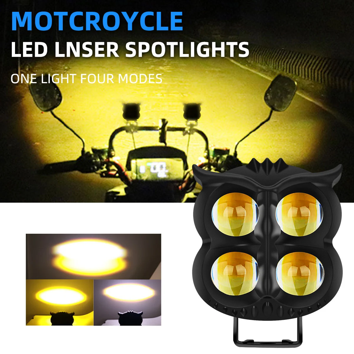 

Motorcycle Headlight LED Spot Light Owl Shape 4 Light Modes Dual Color White Yellow Strobe Fog Light Motorbike Running Lamp