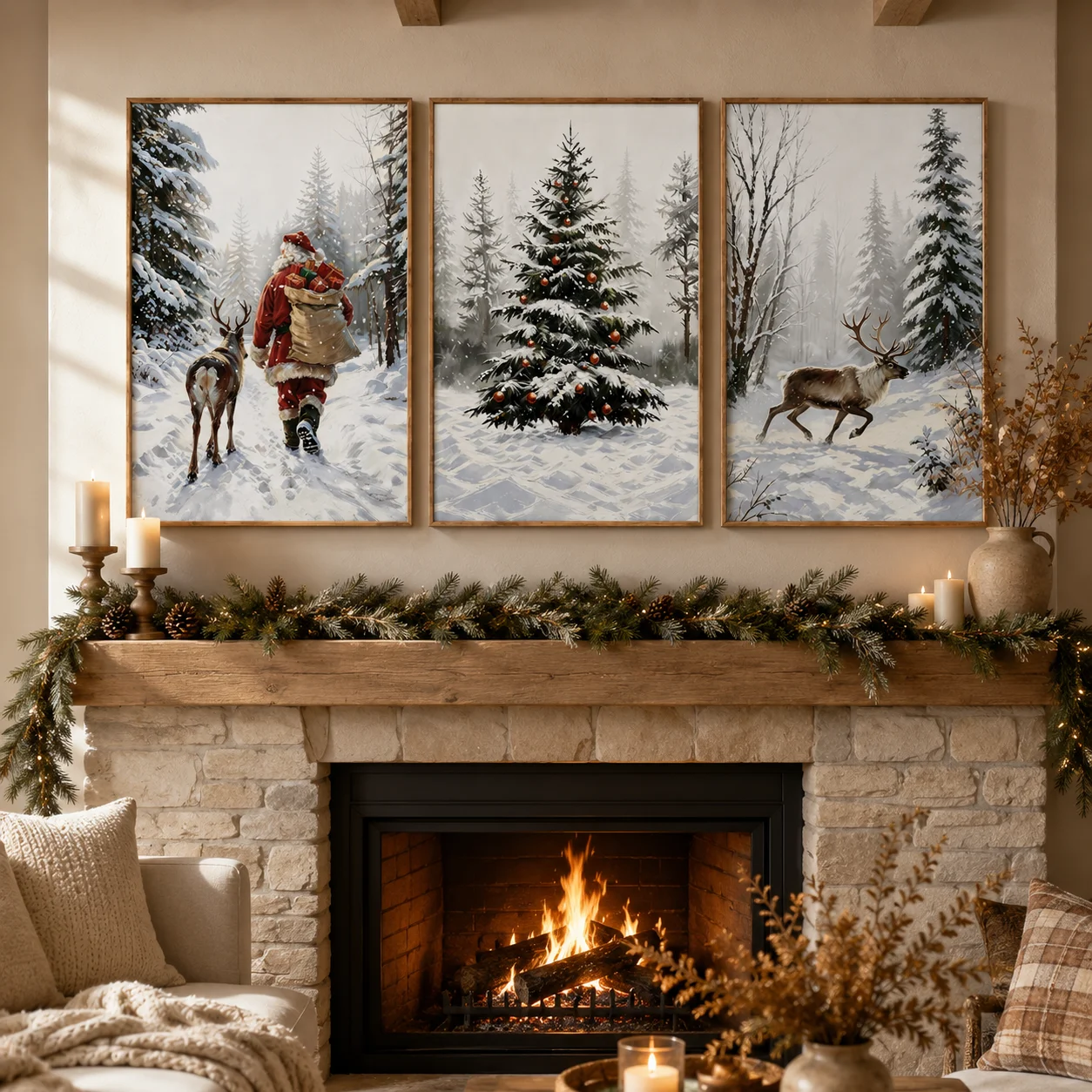 3PCS Cozy Snowy Christmas Forest Scene, Santa Walking with Reindeer Canvas Poster,Suitable for Christmas Room Decoration