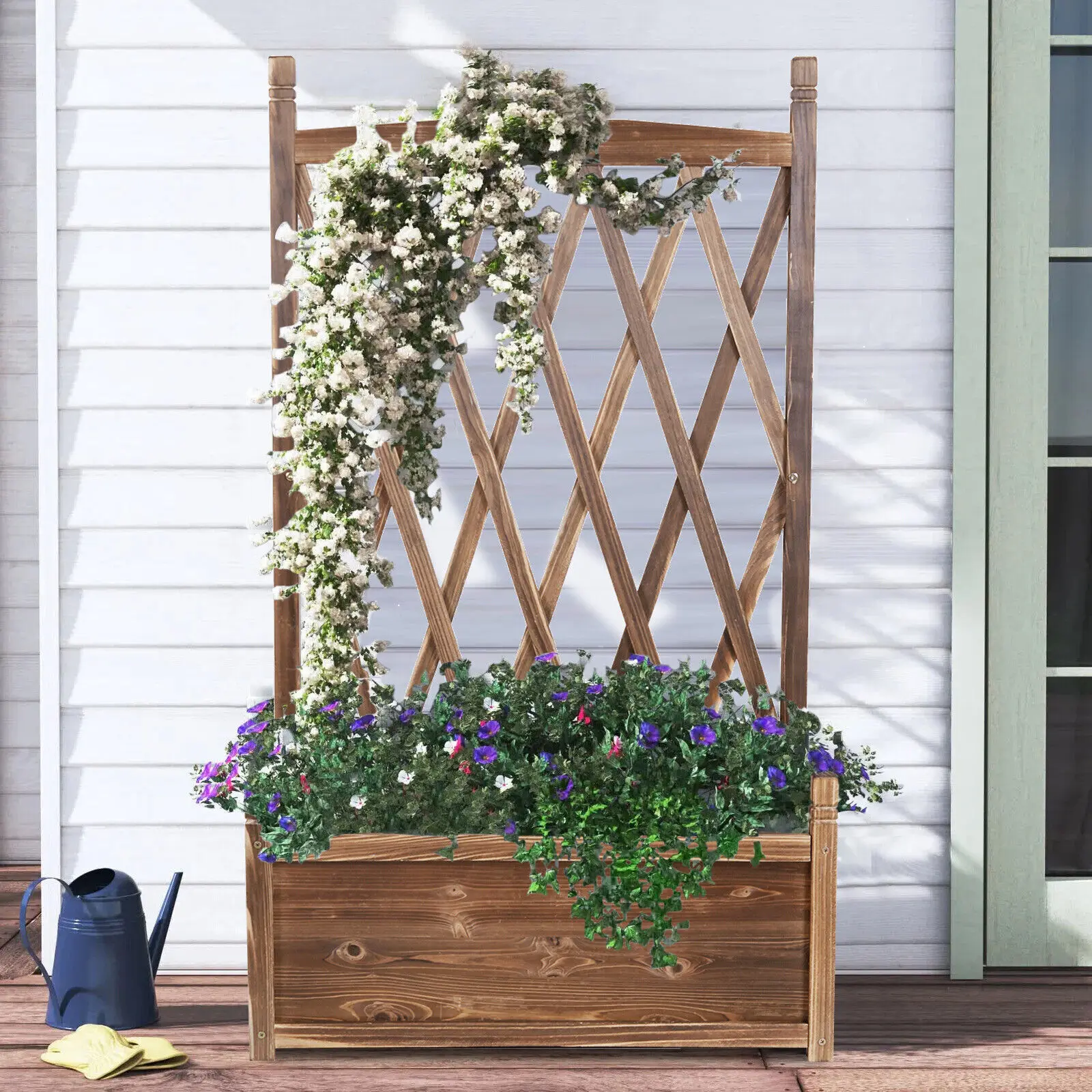 Wooden Raised Plant Vegetable Bed Garden Elevated Planter Box with Trellis for Growing Fresh Herbs Flowers