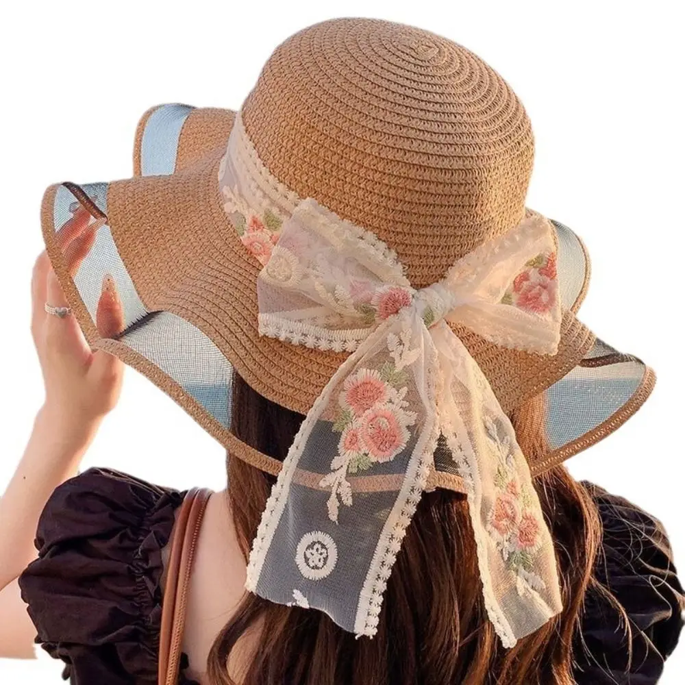 Sombrero informal para el sol para mujer, protección UV dulce, sombrilla para vacaciones en la playa, sombrero de playa de viaje con lazo de encaje, verano