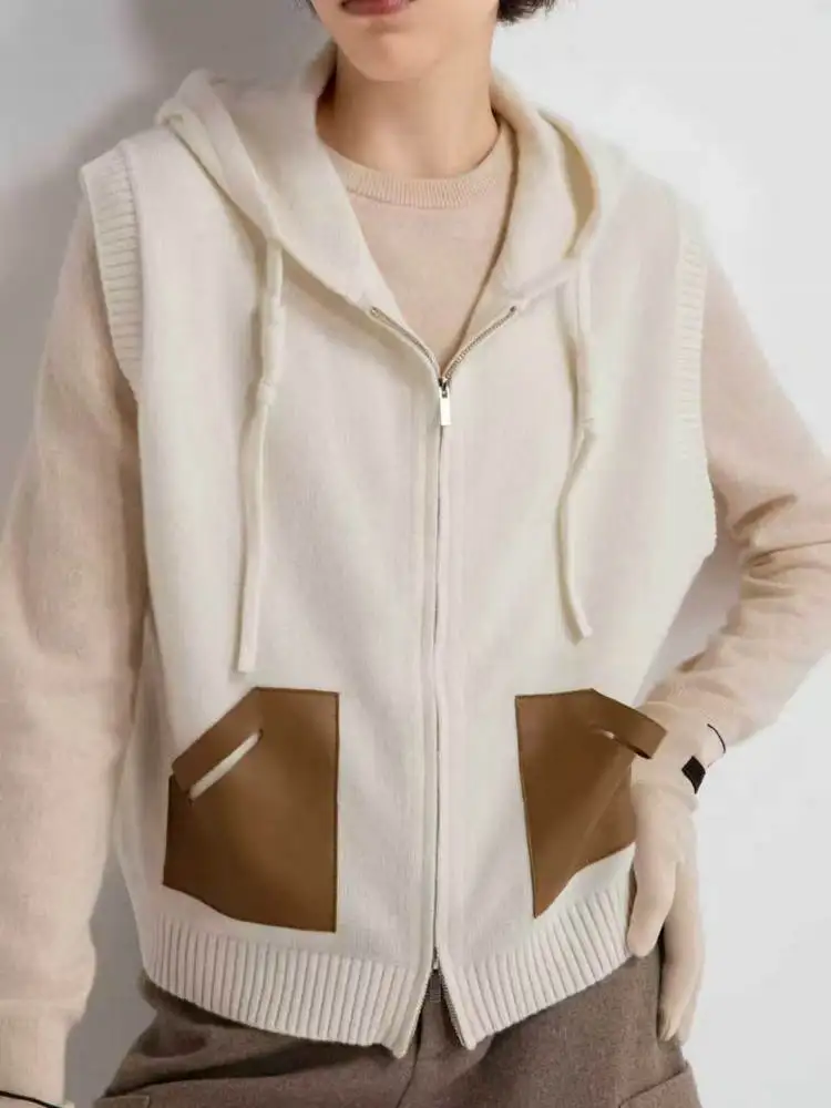 2026Autumn/Winter Women's Hooded Wool-Cashmere Blend Knit Zip-Up Vest