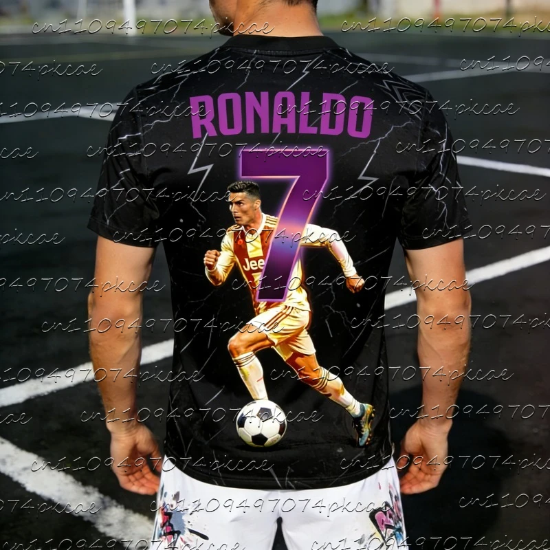 

New 2Pcs Ronaldo #7 Black Lightning Texture T-shirt+Shorts Adult Children Summer Sports Football Jersey Training Outfit Set