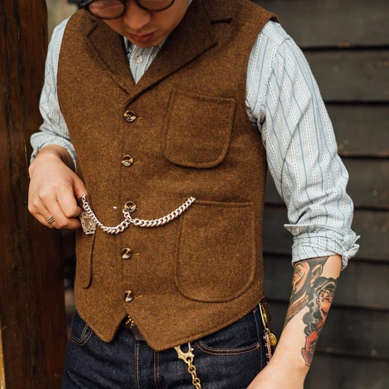 

Autumn and Winter Men's British Retro Wool Tweed Slim-Fit Suit Lapel Vest Business Waistcoat